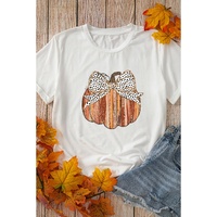 White Thanksgiving Bow Knot Pumpkin Print Round Neck T Shirt - M thumbnail