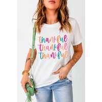 White Thankful Printed Crewneck Thanksgiving T Shirt - XL thumbnail