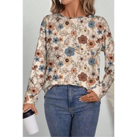 Khaki Floral Print Loose Crew Neck Long Sleeve T Shirt - L thumbnail