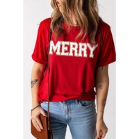 Red Christmas MERRY Graphic Cuffed Sleeve T Shirt - S thumbnail