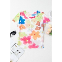 Multicolour Floral Mesh Lettuce Trim Cropped T Shirt - L thumbnail