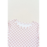 Pink Checkered Ribbed Slim Fit Crew Neck T Shirt - S thumbnail