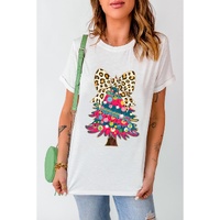 White Leopard Bow Decor Christmas Tree Graphic Crew Neck Tee - XL thumbnail