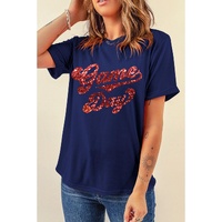 Blue Glittering Game Day Graphic Cuffed Sleeve Crew Neck T Shirt - L thumbnail