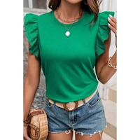 Dark Green Embroidered Ruffled Sleeve Slim Fit Crew Neck Top - L thumbnail