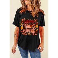Black Happy Thanksgiving Leaves Print Crew Neck T Shirt - XL thumbnail