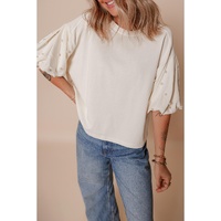 White Pearled Puff Sleeve Round Neck Loose Top - XL thumbnail
