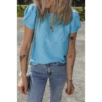 Light Blue Bubble Sleeve Solid Color Elegant T-Shirt - L thumbnail