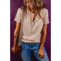 Oatmeal Short Sleeve Half Button Ribbed Knit Top - L thumbnail