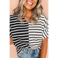 Black Stripe Two Tone Colorblock V Neck T Shirt - L thumbnail