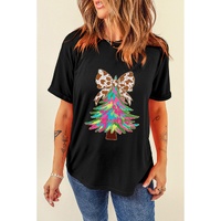 Black Heat Transfer Printing Christmas Tree Bowknot T-Shirt - M thumbnail