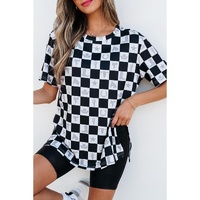 Black Western Fashion Checkerboard Print Side Split T Shirt - L thumbnail