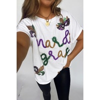 White Mardi Gras Tinsel Sequin Graphic T Shirt - L thumbnail
