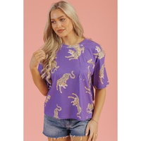 Purple Allover Tiger Printed Patch Pocket Loose T Shirt - XL thumbnail