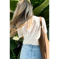 White Solid Color Sheer Mesh Patchwork Short Sleeve Top - S thumbnail