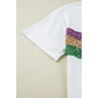 White Sequin Stripes Patchwork Mardi Gras Crew Neck T Shirt - S thumbnail