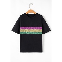 Black Sequin Stripes Patchwork Mardi Gras Crew Neck T Shirt - M thumbnail