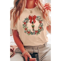 Khaki Nutcracker Bow Christmas Wreath Crewneck Printed T Shirt - XL thumbnail