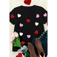 Black Valentines Chenille Heart Patched Pattern Crewneck Tee - S thumbnail
