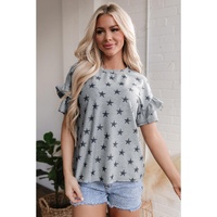 Gray Star Print Tiered Ruffled Sleeve Crew Neck T Shirt - S thumbnail