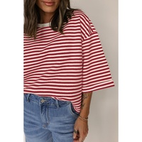 Red Stripe Bowknot Cutout Back Drop Shoulder Wide Bracelet Sleeve Loose Tee - XL thumbnail