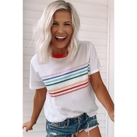 White Rainbow Stripe Print Contrast Crewneck T Shirt - L thumbnail