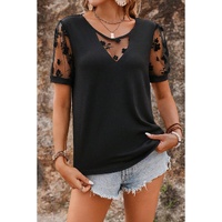 Black Flora Lace Patchwork Crew Neck T Shirt - S thumbnail