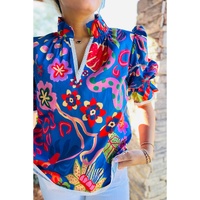 Blue Abstract Print Frilled Collar Ruffled Puff Short Sleeve Top - L thumbnail