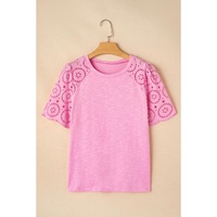 Pink Eyelet Embroidery Scalloped Sleeve Round Neck T Shirt - M thumbnail