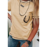 Apricot RODEO Horseshoe Embroidered Patch Pocket T Shirt - L thumbnail