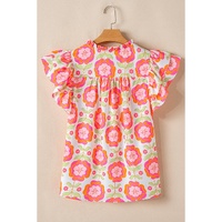 Rose Floral Ruffled Sleeve Ric-rac Trim Split Neck Loose Blouse - L thumbnail