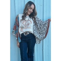 Multicolour Asymmetric Printed Patchwork Sleeve Peace Desert Graphic Top - M thumbnail