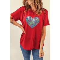 Red Rainbow Sequin Heart Shape Crew Neck T Shirt - 2XL thumbnail