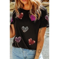 Black Sequin Heart Patched Pattern Crewneck Valentines Tee - M thumbnail