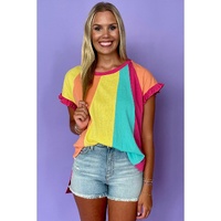 Rose Red Color Block Ruffled Crew Neck Loose Fit T Shirt - M thumbnail