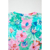 Green Floral Print Eyelet Embroidered Short Sleeve Crew Neck Top - M thumbnail