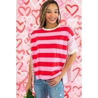 Pink Stripe Patchwork Round Neck Side Split Loose T Shirt - S thumbnail