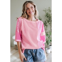 Pink Stripe Color Block Patchwork Loose Half Sleeve T Shirt - L thumbnail
