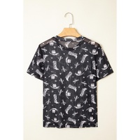Black Western Pattern Mesh Sheer Crew Neck T Shirt - L thumbnail