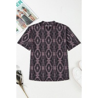 Brown Aztec Print Mock Neck Short Sleeve Mesh T Shirt - L thumbnail
