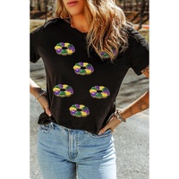 Black Sequined Mardi Gras Pattern Crew Neck Short Sleeve Top - 2XL thumbnail
