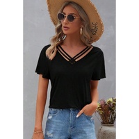 Black Crisscross V Neck Butterfly Sleeve T Shirt - L thumbnail