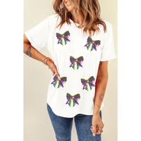 White Sequin Mardi Gras Bow Graphic Crewneck Tee - M thumbnail