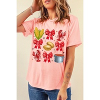 Pink Summer Food Bow Crawfish Printed T Shirt - M thumbnail
