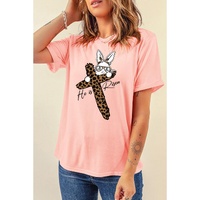 Pink He is Risen Easter Bunny Leopard Cross Graphic Tee - S thumbnail