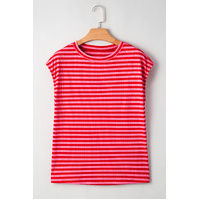 Red Stripe Ribbed Cap Sleeve Round Neck T Shirt - L thumbnail