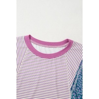 Purple Stripe Floral Color Block Raw Edge Patchwork Bracelet Sleeve Blouse - L thumbnail