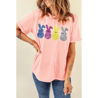 Pink Sequin Cute Bunny Graphic Easter Fashion Tee - S thumbnail