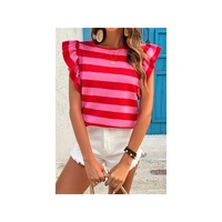 Red Stripe Flutter Sleeve Round Neck T Shirt - XS thumbnail