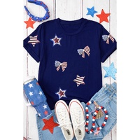 Blue Sequin USA Flag Bow Star Graphic Crewneck T Shirt - S thumbnail